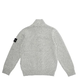 Grey Cardigan with High Neck and Logo Patch on the Sleeve in Wool and Cashmere Blend Boy