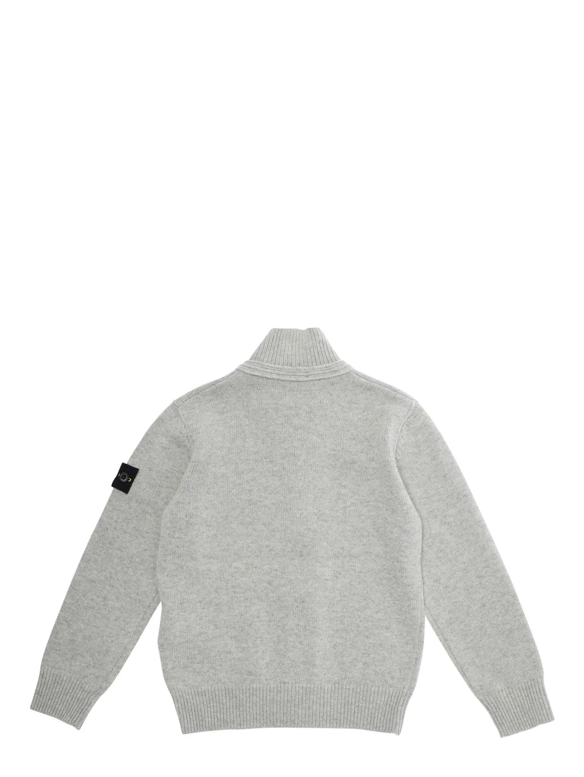 Grey Cardigan with High Neck and Logo Patch on the Sleeve in Wool and Cashmere Blend Boy