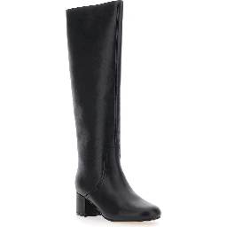 Black Knee High Boots with Round Toe in Leather Woman