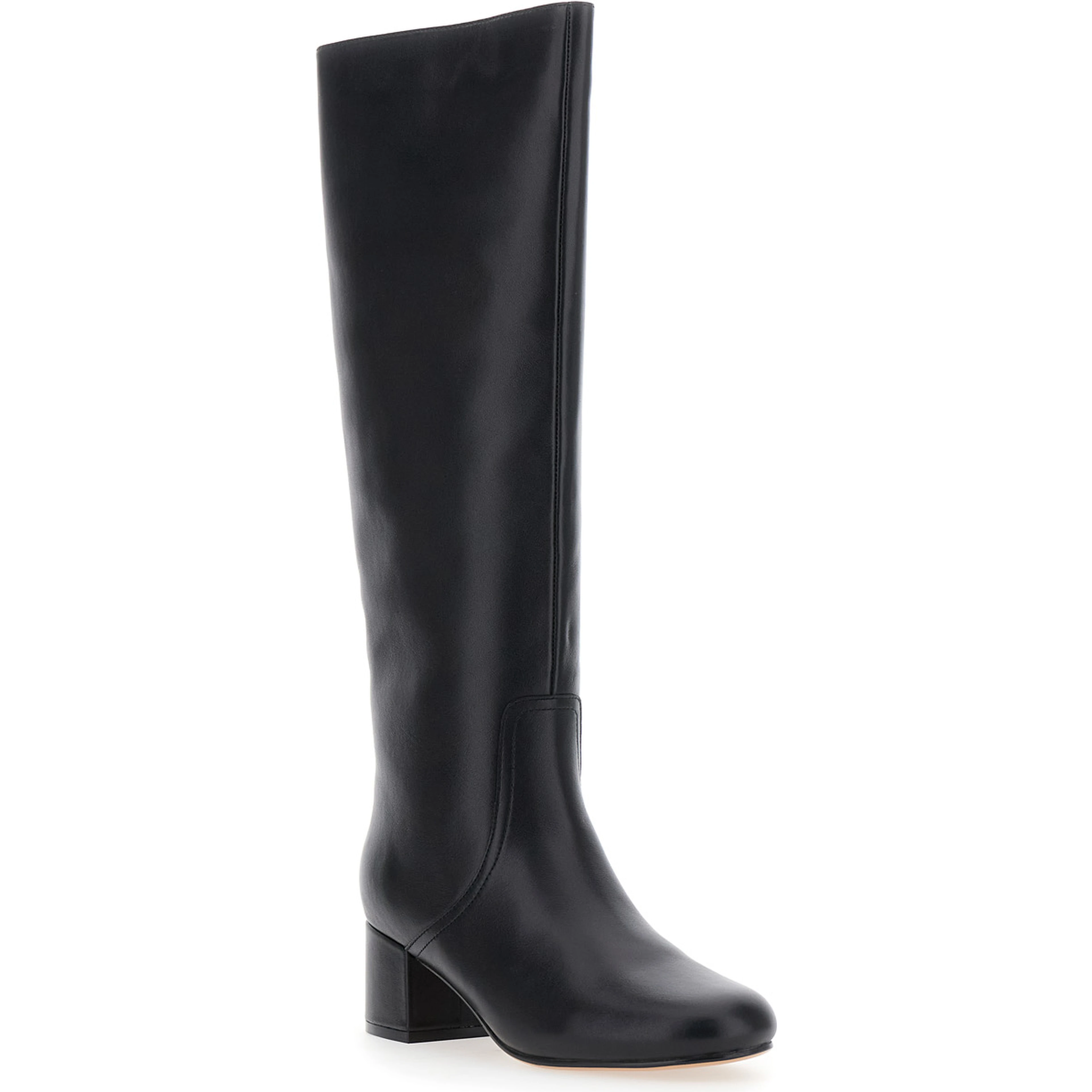 Black Knee High Boots with Round Toe in Leather Woman