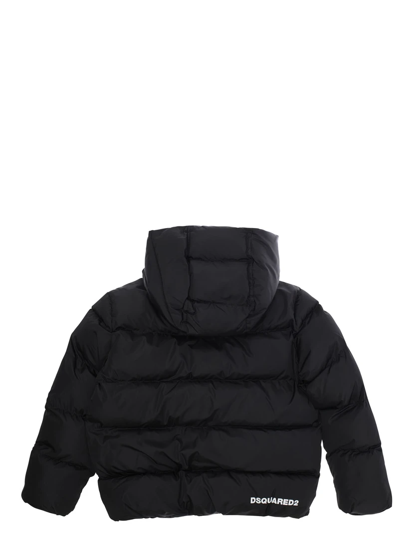 Black Down Jacket with Hood and Back Logo in Techn Fabric Boy