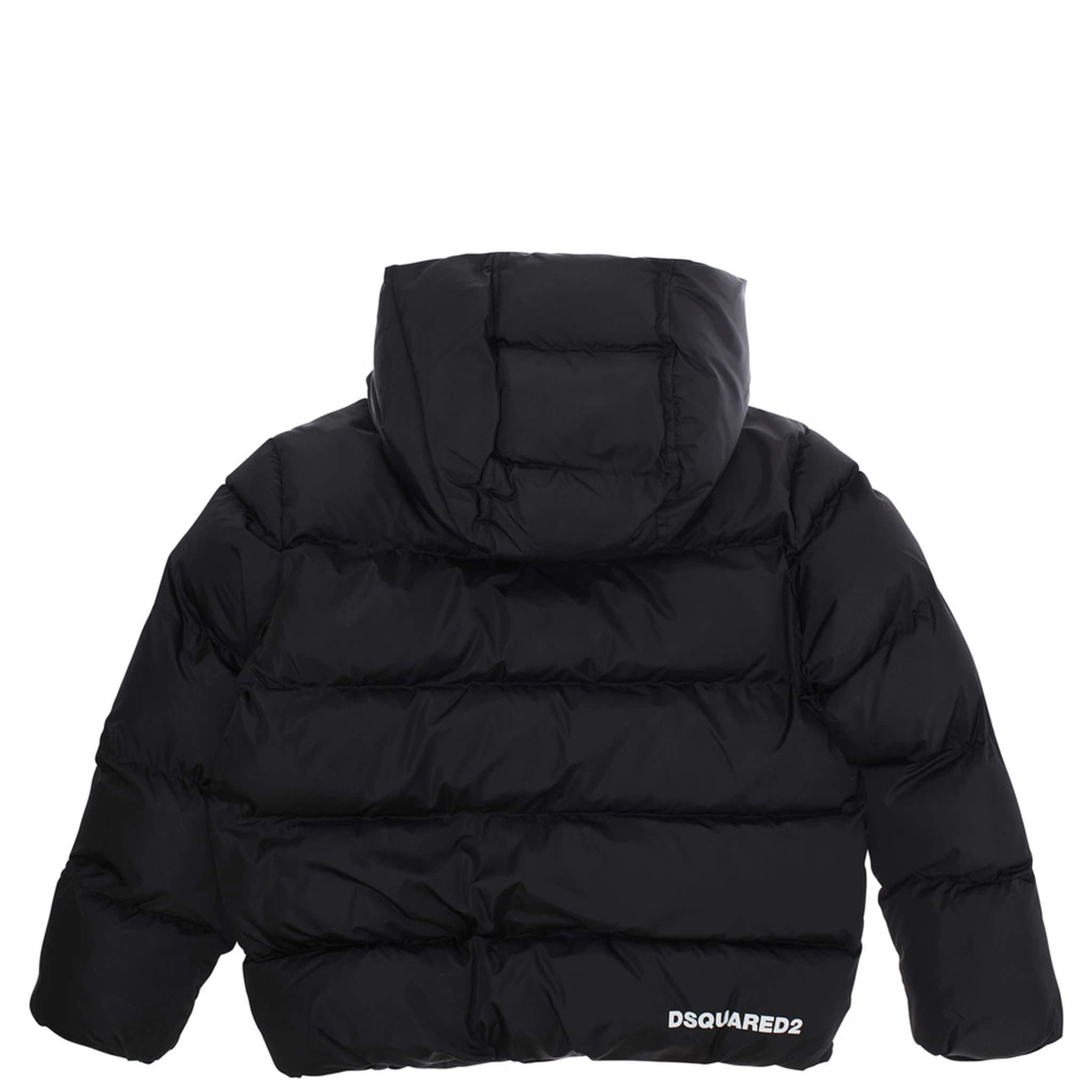 Black Down Jacket with Hood and Back Logo in Techn Fabric Boy