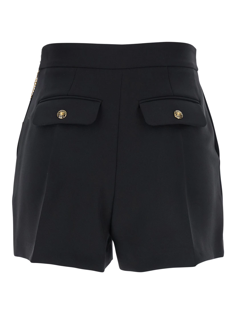 Black Shorts with Metallic Pendant and Patch Pockets in Fabric Woman