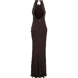 Brown Halterneck Long Dress with Lace Embellishment on the Rear in Viscose Woman