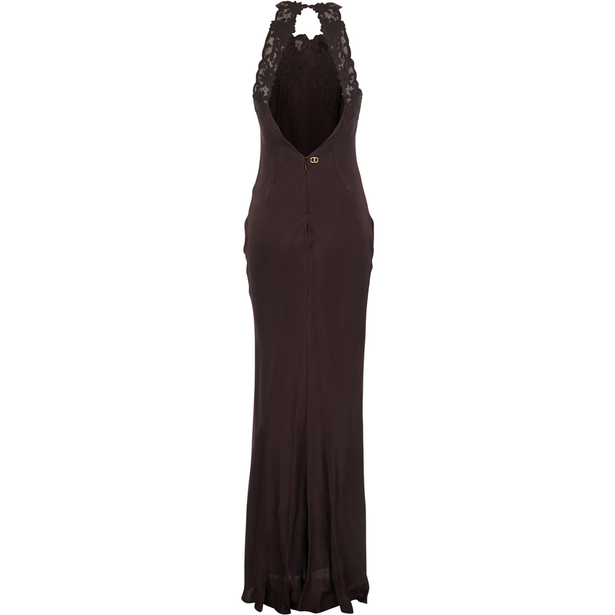 Brown Halterneck Long Dress with Lace Embellishment on the Rear in Viscose Woman