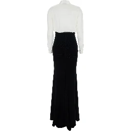 White and Black Long Dress with Metallic Detail and Skirt Design in Fabric Woman