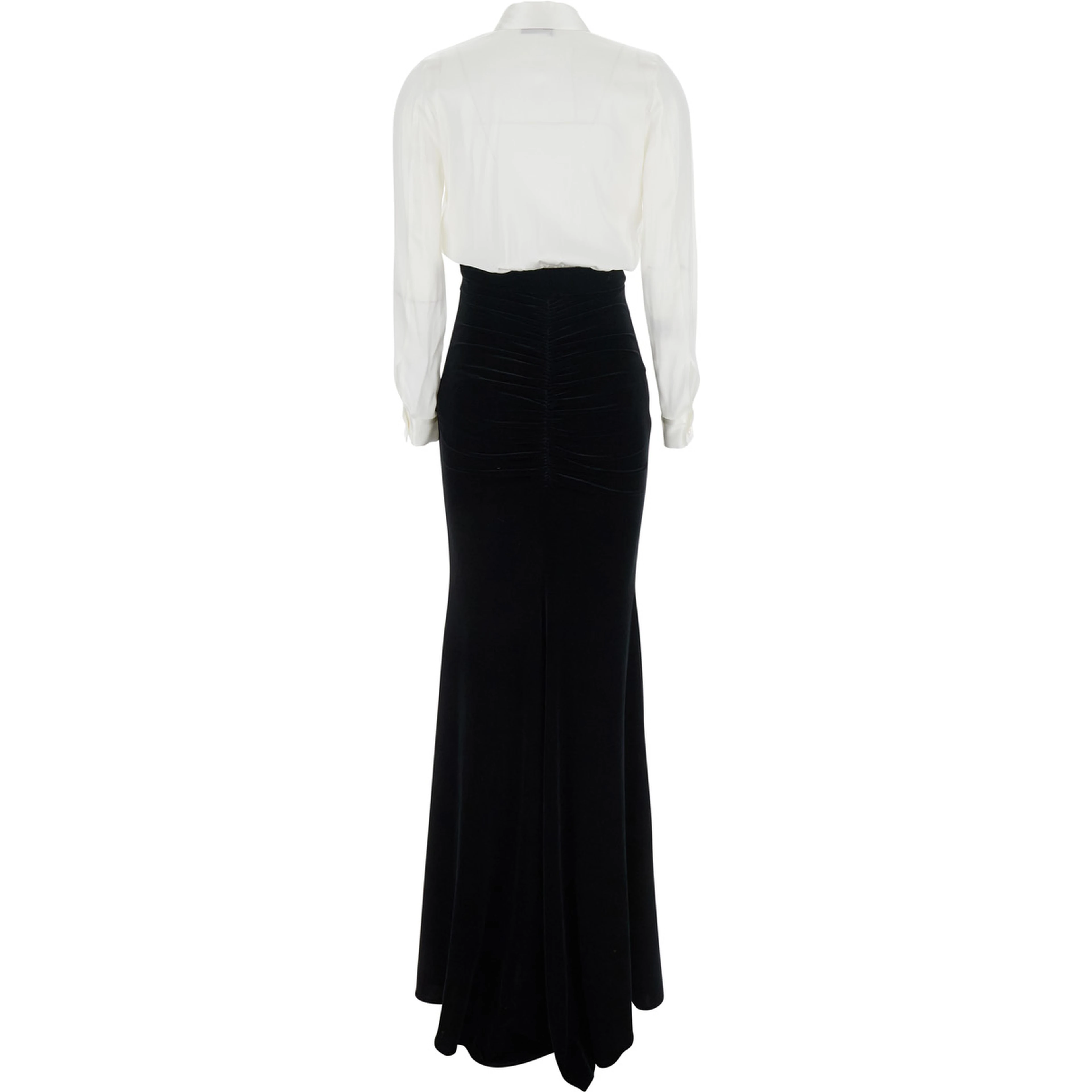 White and Black Long Dress with Metallic Detail and Skirt Design in Fabric Woman