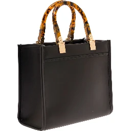 Sunshine Small Black Tote Bag with Embossed Logo and Tortoiseshell Handles in Leather Woman