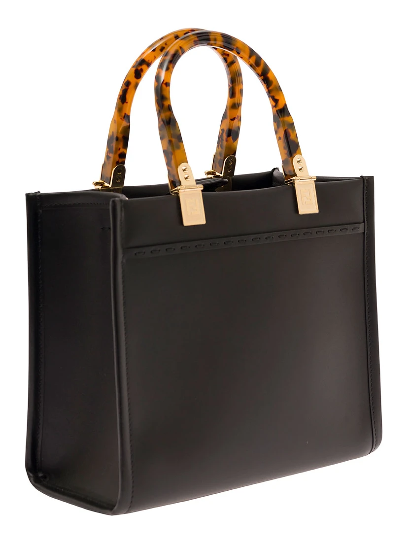 Sunshine Small Black Tote Bag with Embossed Logo and Tortoiseshell Handles in Leather Woman