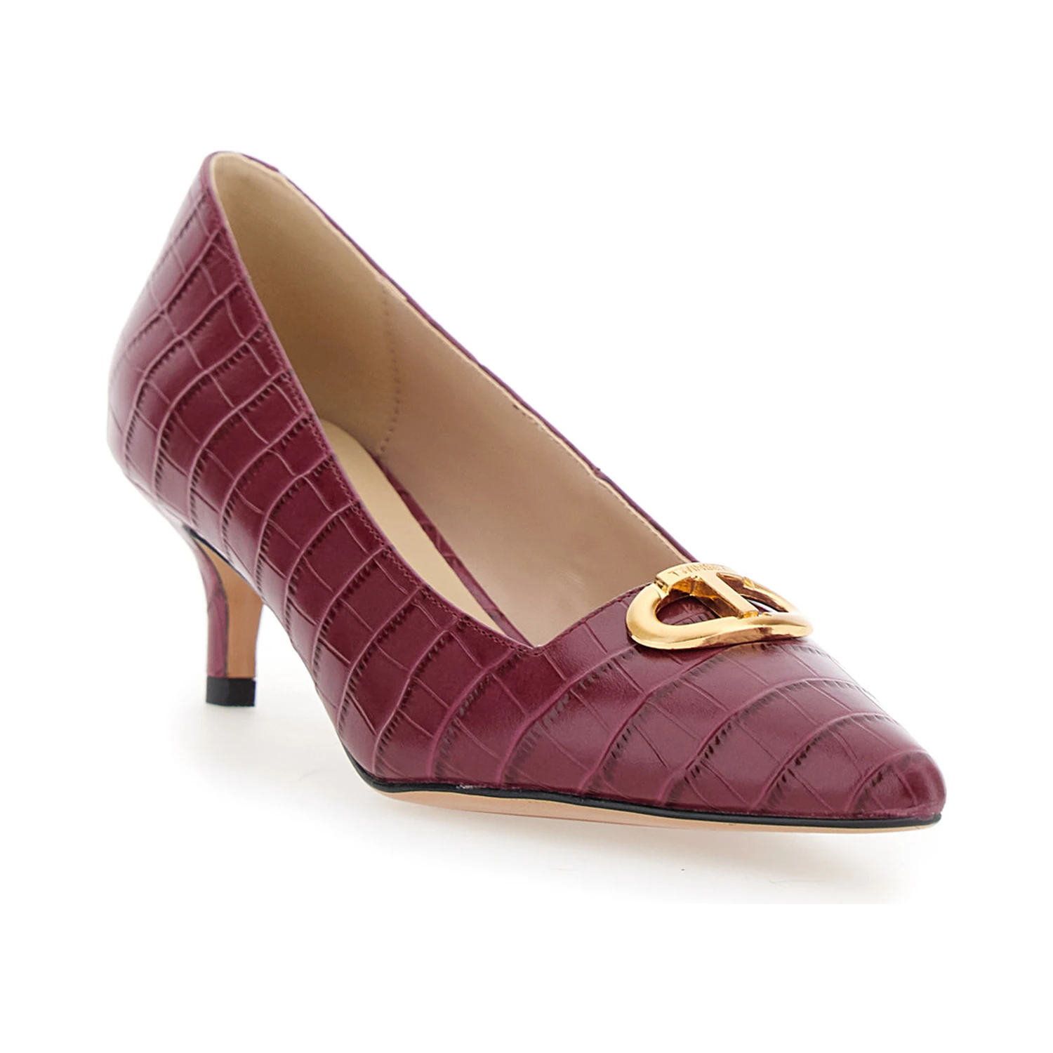 Bordeaux Pumps with Low Stiletto Heel and Embissed Crocodile Effect in Leather Woman
