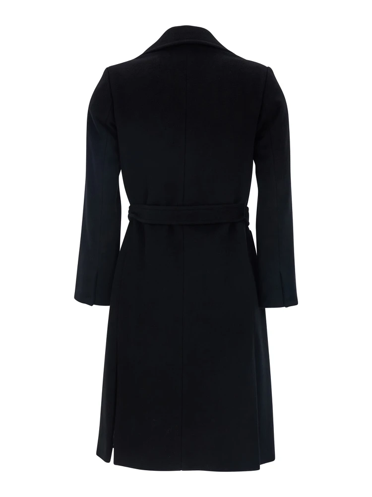 Black Double-Breasted Coat with Notched Revers and Front Belt Closure in Wool Girl alternative