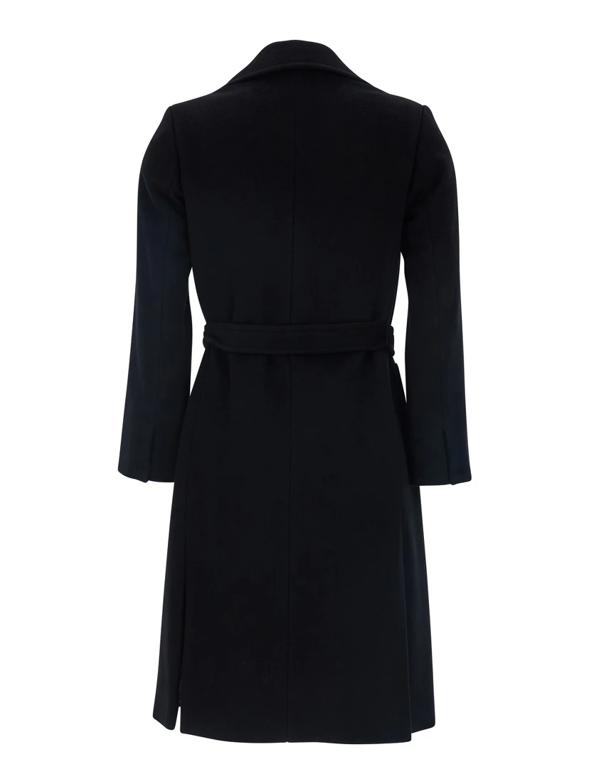 Black Double-Breasted Coat with Notched Revers and Front Belt Closure in Wool Girl