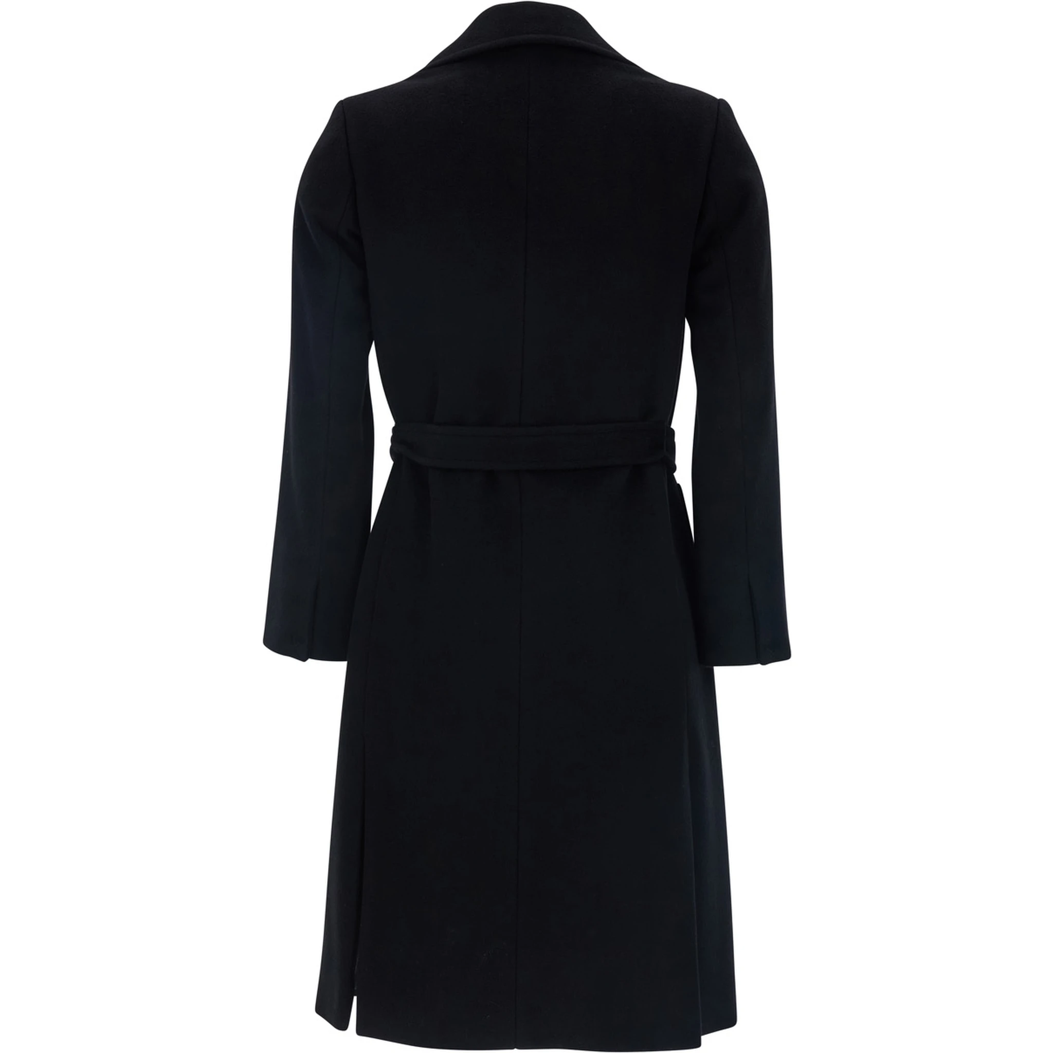 Black Double-Breasted Coat with Notched Revers and Front Belt Closure in Wool Girl