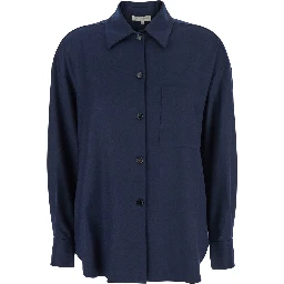 Blue Shirt with Classic Collar and Dropped Shoulders in Wool Blend Woman