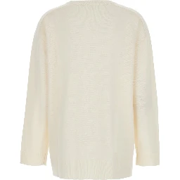White Crewneck Sweater with Asymmetric Hem in Wool and Cashmere Woman