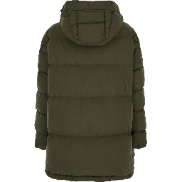Green Down Jacket with Quilted Design and Removable Hood in Tech Fabric Woman