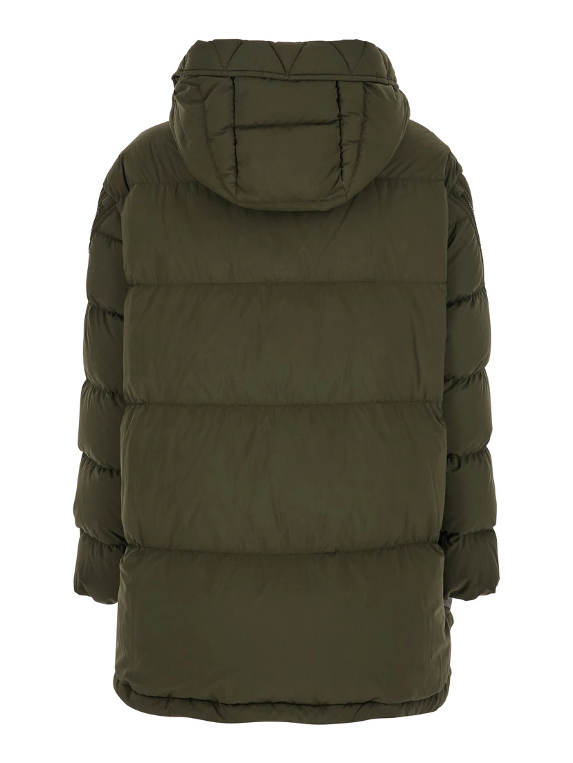Green Down Jacket with Quilted Design and Removable Hood in Tech Fabric Woman
