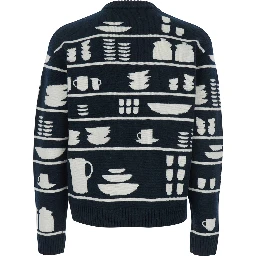 Black and White Crewneck Sweater with Tableware Motif in Wool Man
