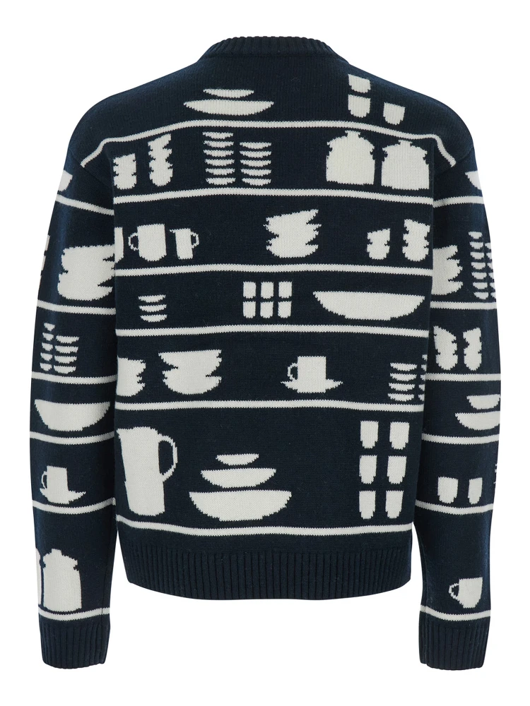 Black and White Crewneck Sweater with Tableware Motif in Wool Man alternative