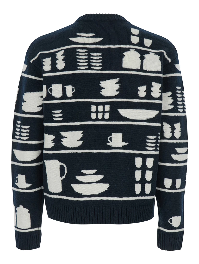 Black and White Crewneck Sweater with Tableware Motif in Wool Man