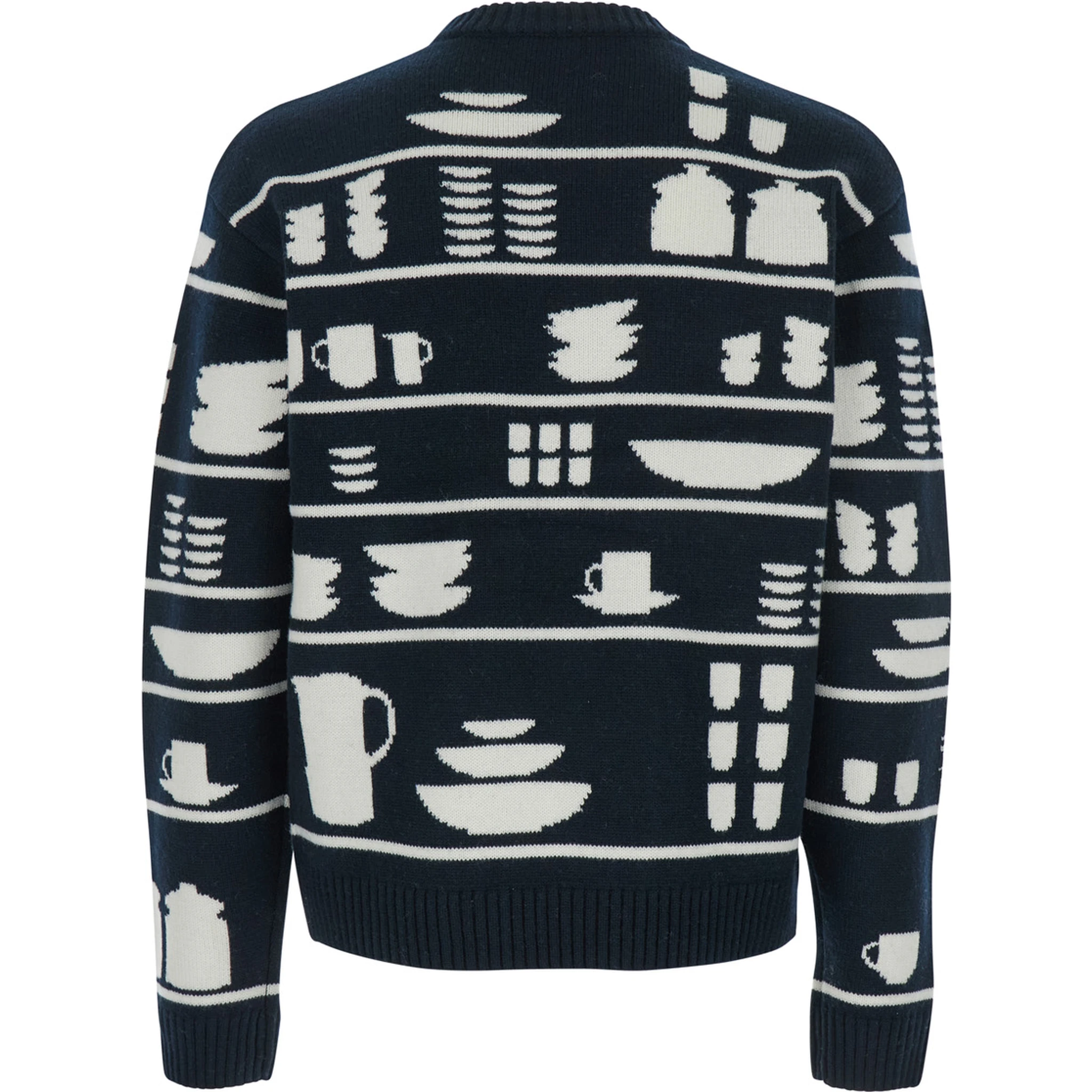 Black and White Crewneck Sweater with Tableware Motif in Wool Man