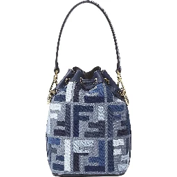 ‘Mon Tresor Mini’ Blue Bucket Bag with Drawstring Closure and All-Over FF Motif in Cotton Blend Woman