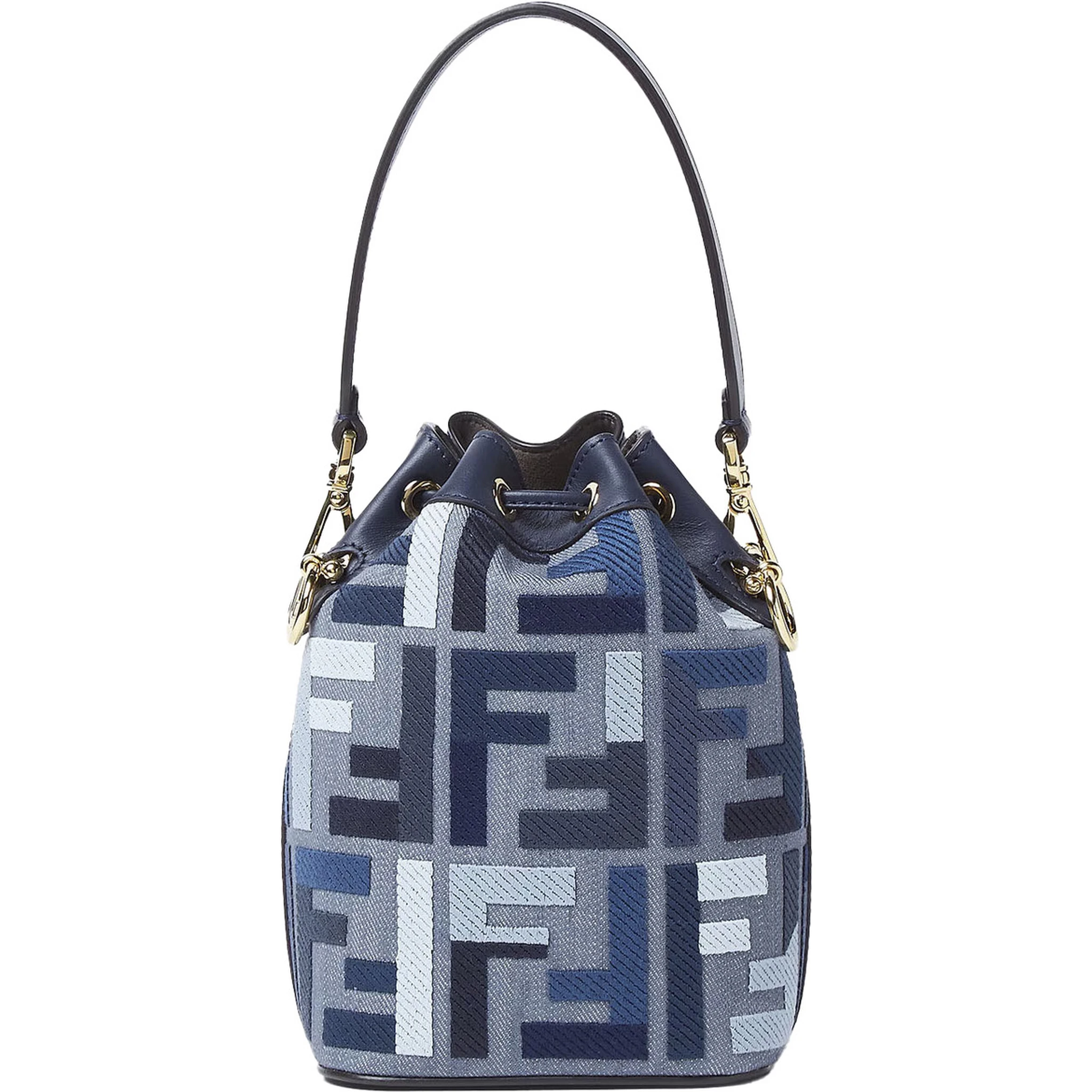 ‘Mon Tresor Mini’ Blue Bucket Bag with Drawstring Closure and All-Over FF Motif in Cotton Blend Woman