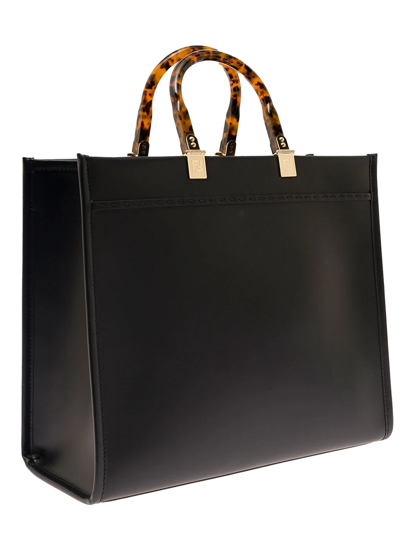 Sunshine Black Handbag with Embossed Logo and Tortoiseshell Handles in Leather Woman