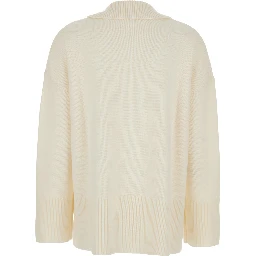 White Sweater with Polo Shirt Style Collar and Dropped Shoulder in Wool and Cashmere Woman