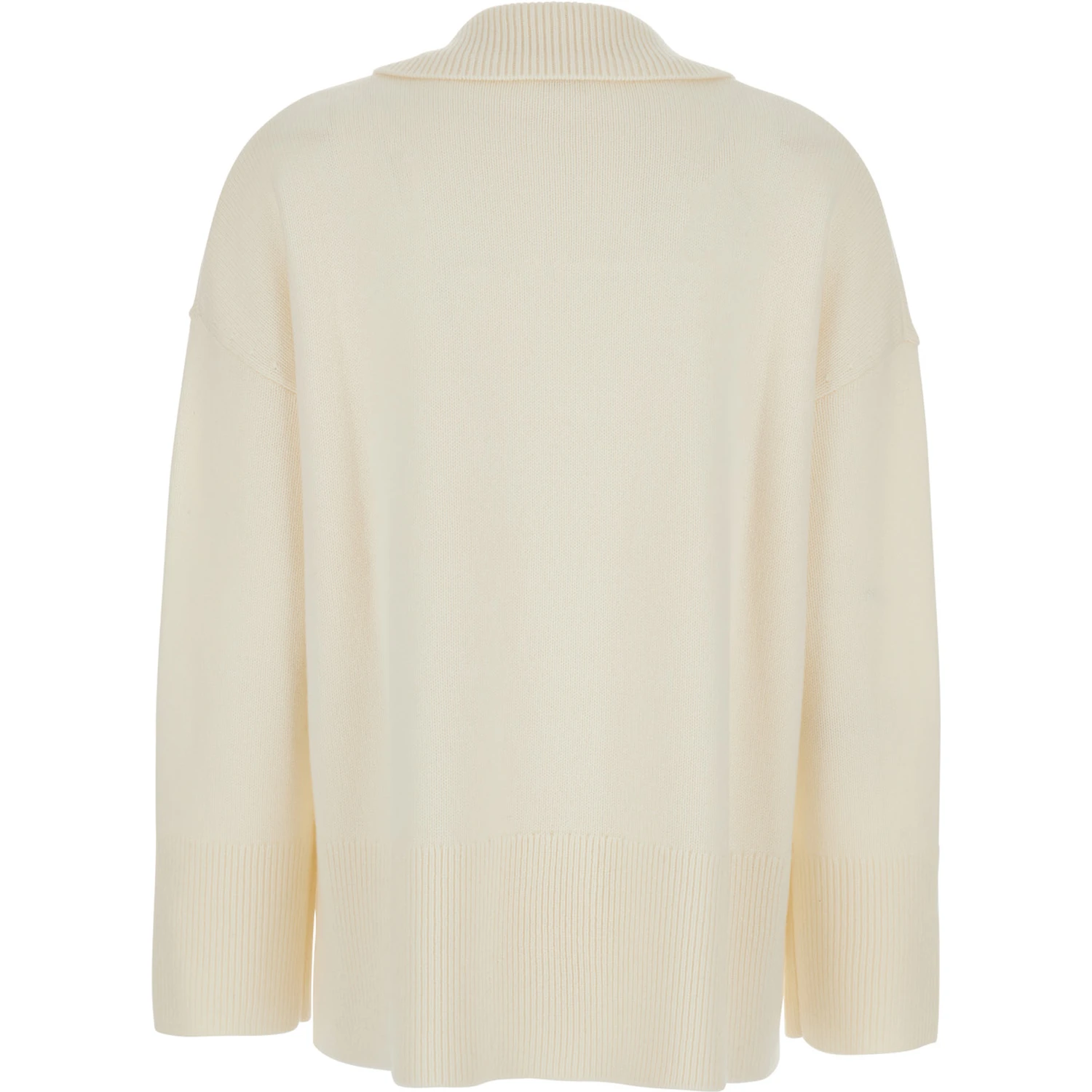 White Sweater with Polo Shirt Style Collar and Dropped Shoulder in Wool and Cashmere Woman