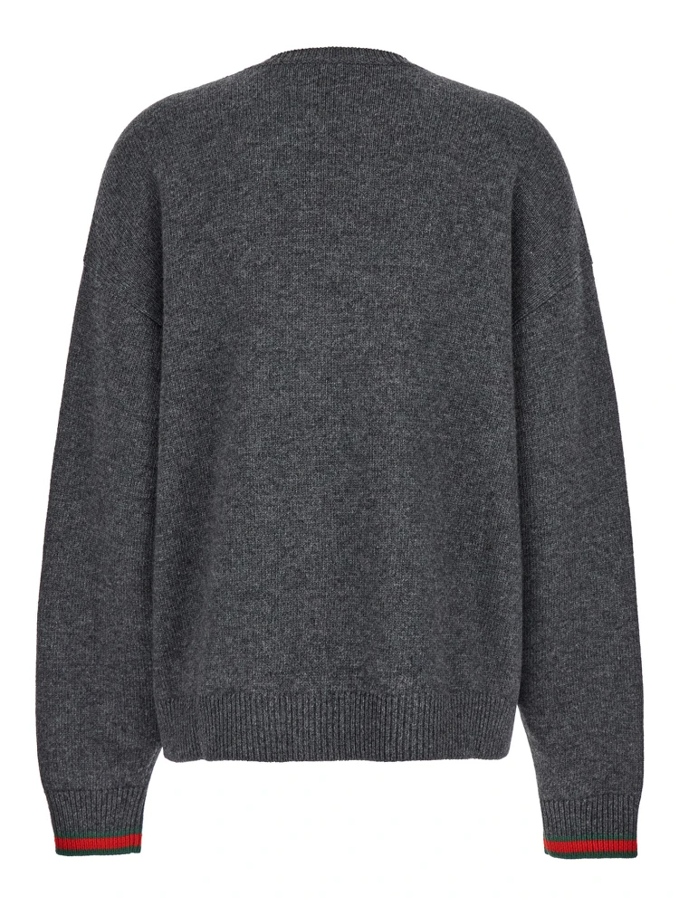 Grey Crewneck Sweater with Web Detail on the Cuffs in Wool and Cashmere Blend Woman alternative