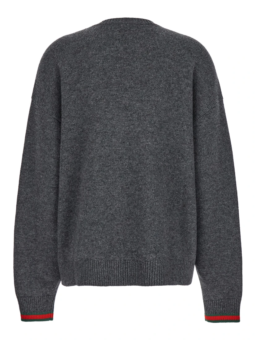 Grey Crewneck Sweater with Web Detail on the Cuffs in Wool and Cashmere Blend Woman