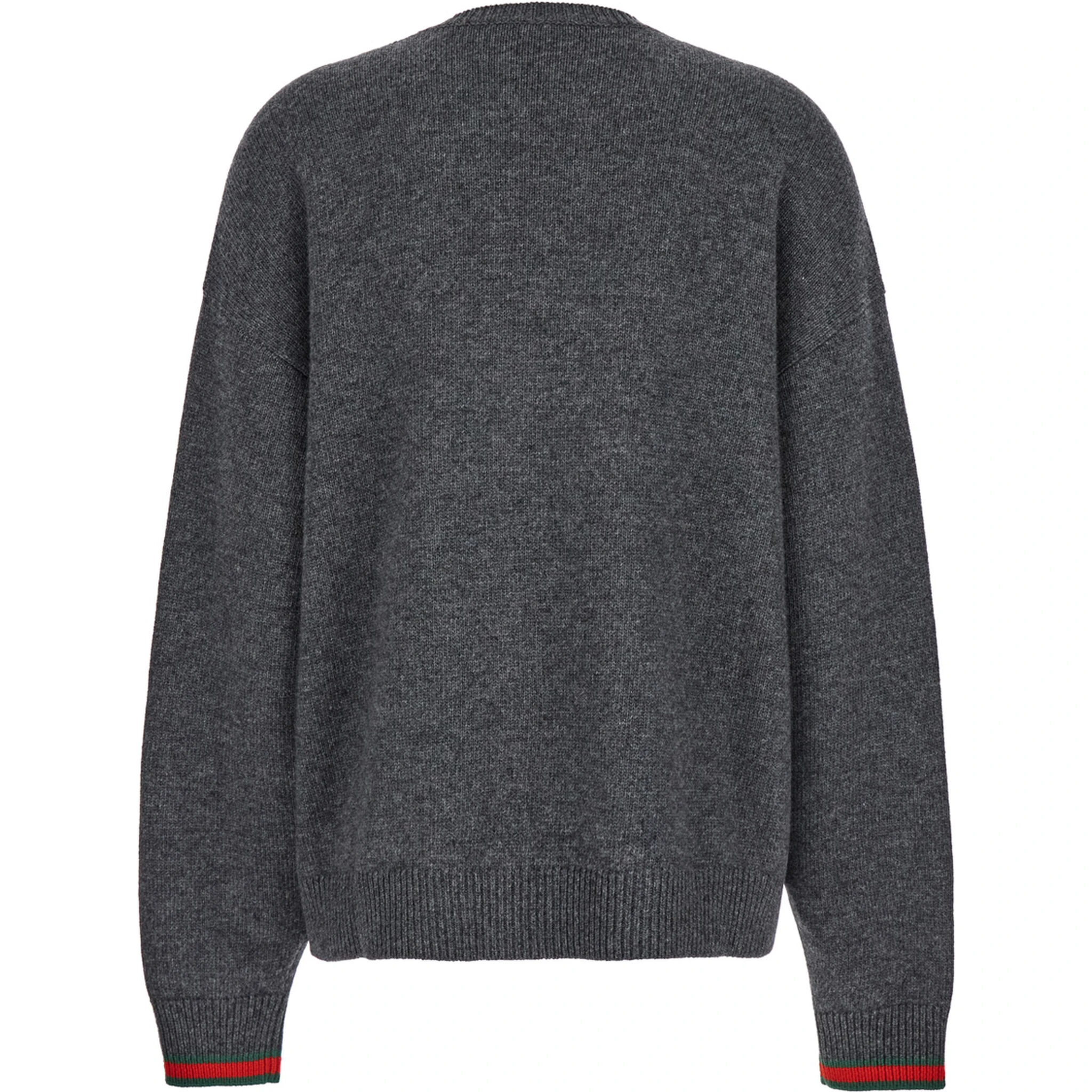 Grey Crewneck Sweater with Web Detail on the Cuffs in Wool and Cashmere Blend Woman