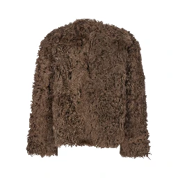 Brown Collarless Fur Jacket with Front Toggle Closure in Fur Woman