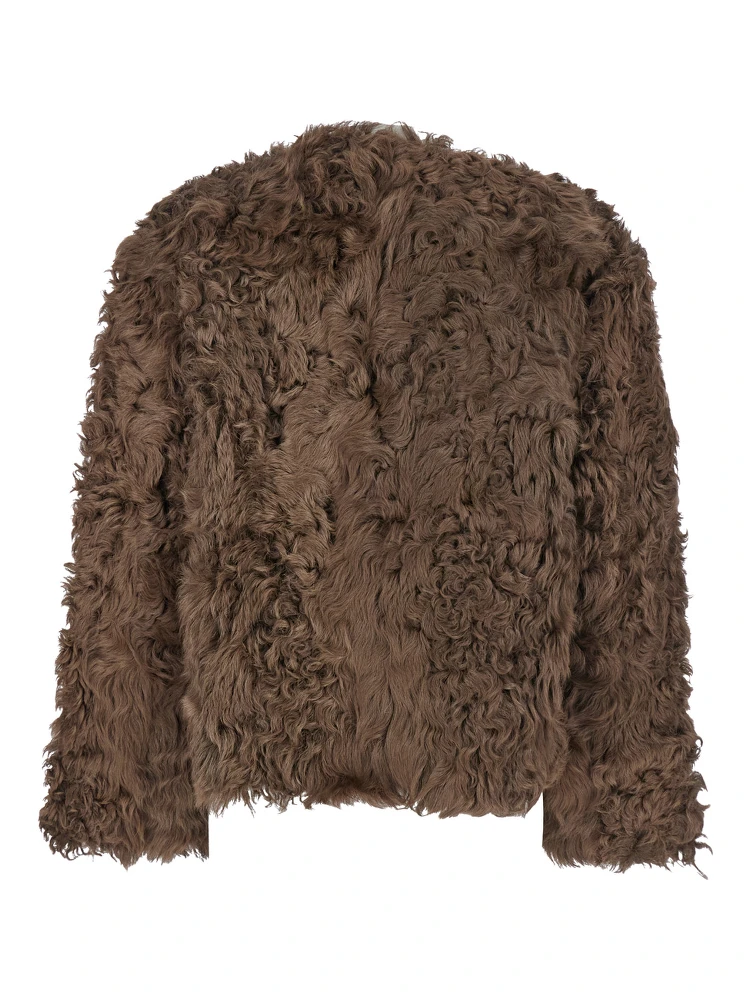 Brown Collarless Fur Jacket with Front Toggle Closure in Fur Woman alternative
