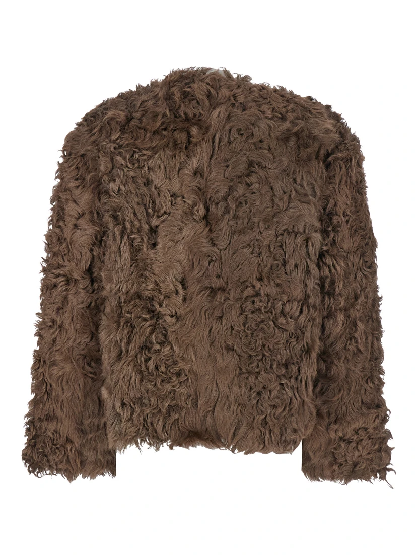 Brown Collarless Fur Jacket with Front Toggle Closure in Fur Woman
