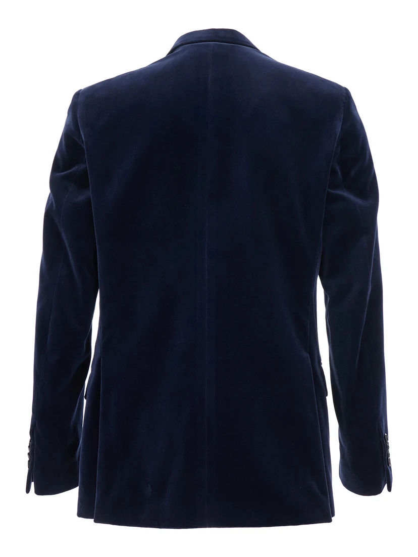 Blue Single-Breasted Jacket with Pointed Lapels in Velvet Man