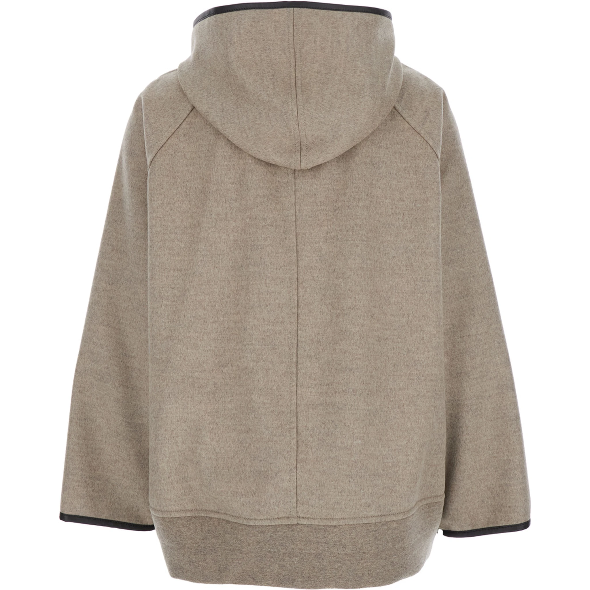 Beige Coat with Hood and Leather Trims in Wool and Cashmere Woman