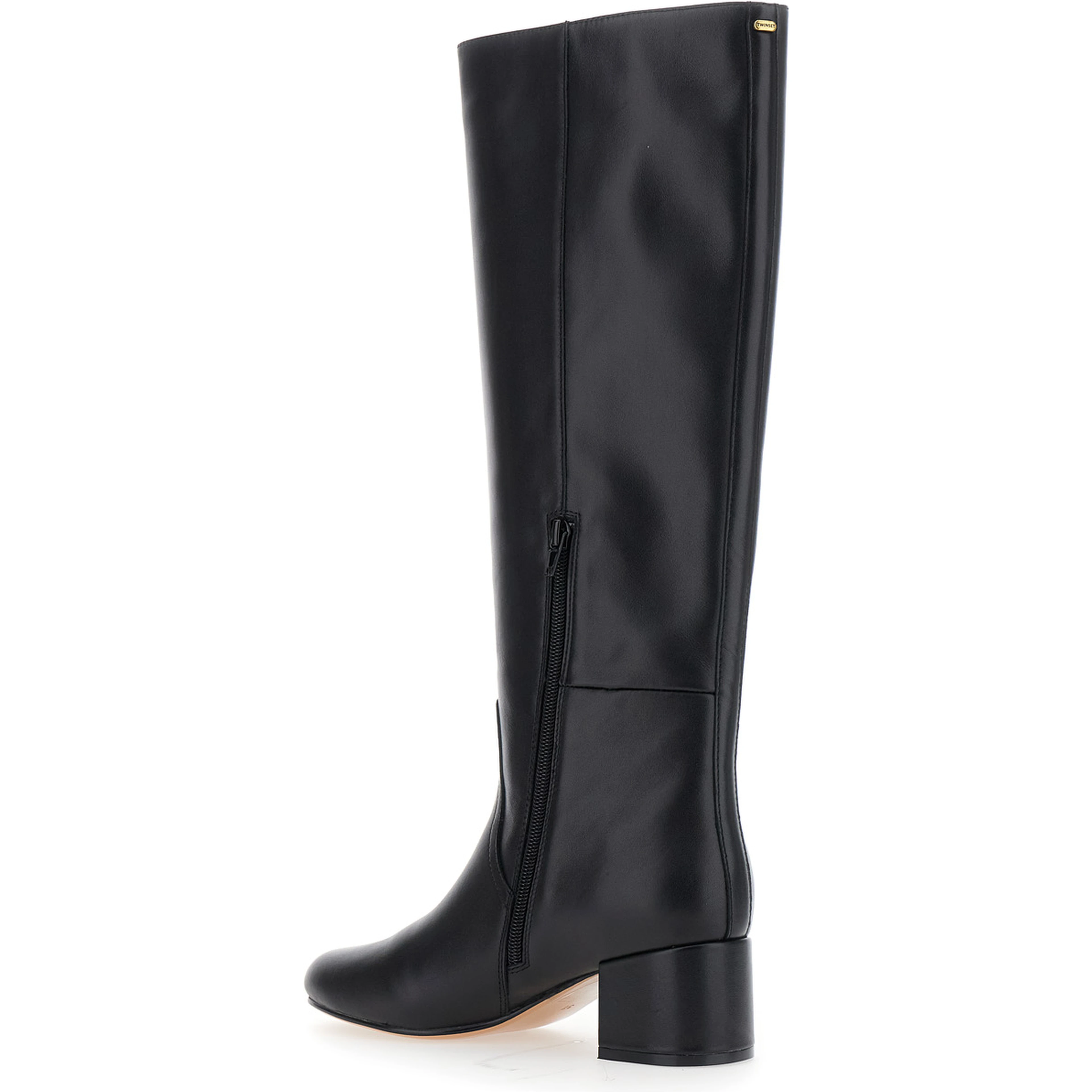 Black Knee High Boots with Round Toe in Leather Woman