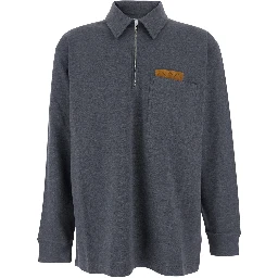 Grey Polo Shirt with Long Sleeves and Front Patch Pocket in Cotton Woman