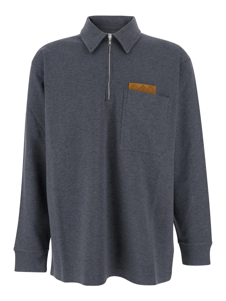 Grey Polo Shirt with Long Sleeves and Front Patch Pocket in Cotton Woman