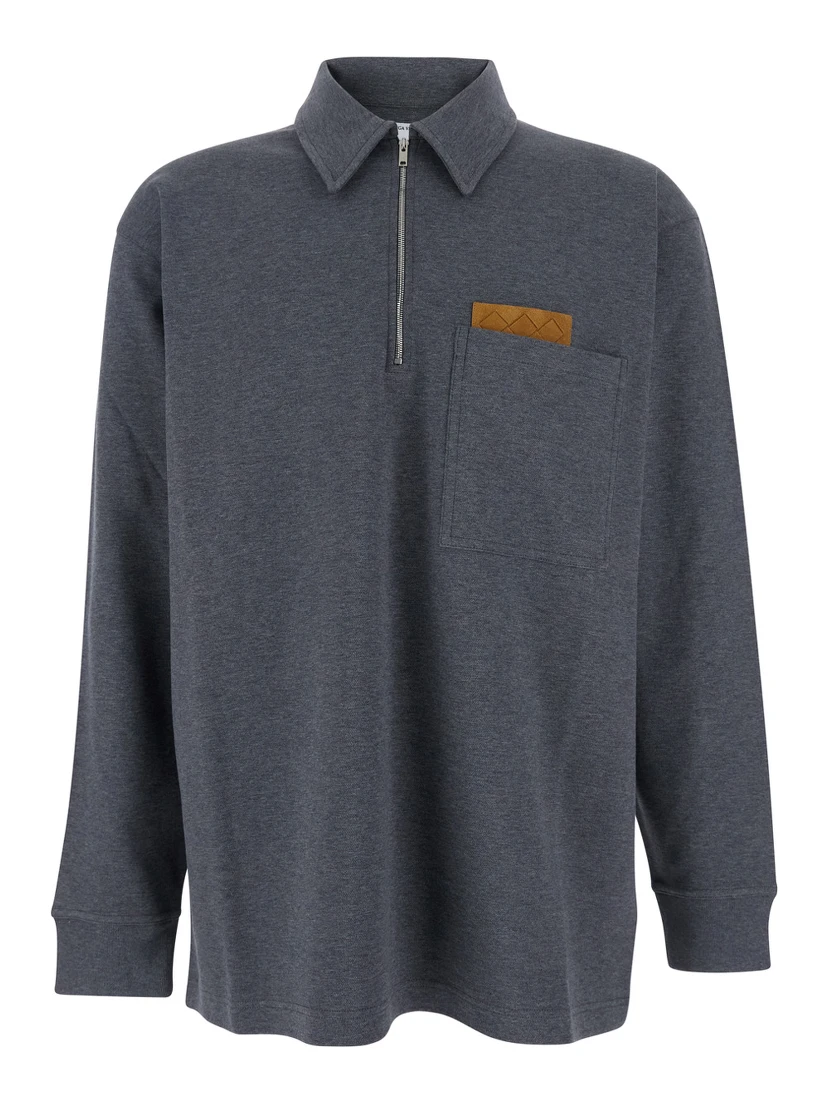 Grey Polo Shirt with Long Sleeves and Front Patch Pocket in Cotton Woman