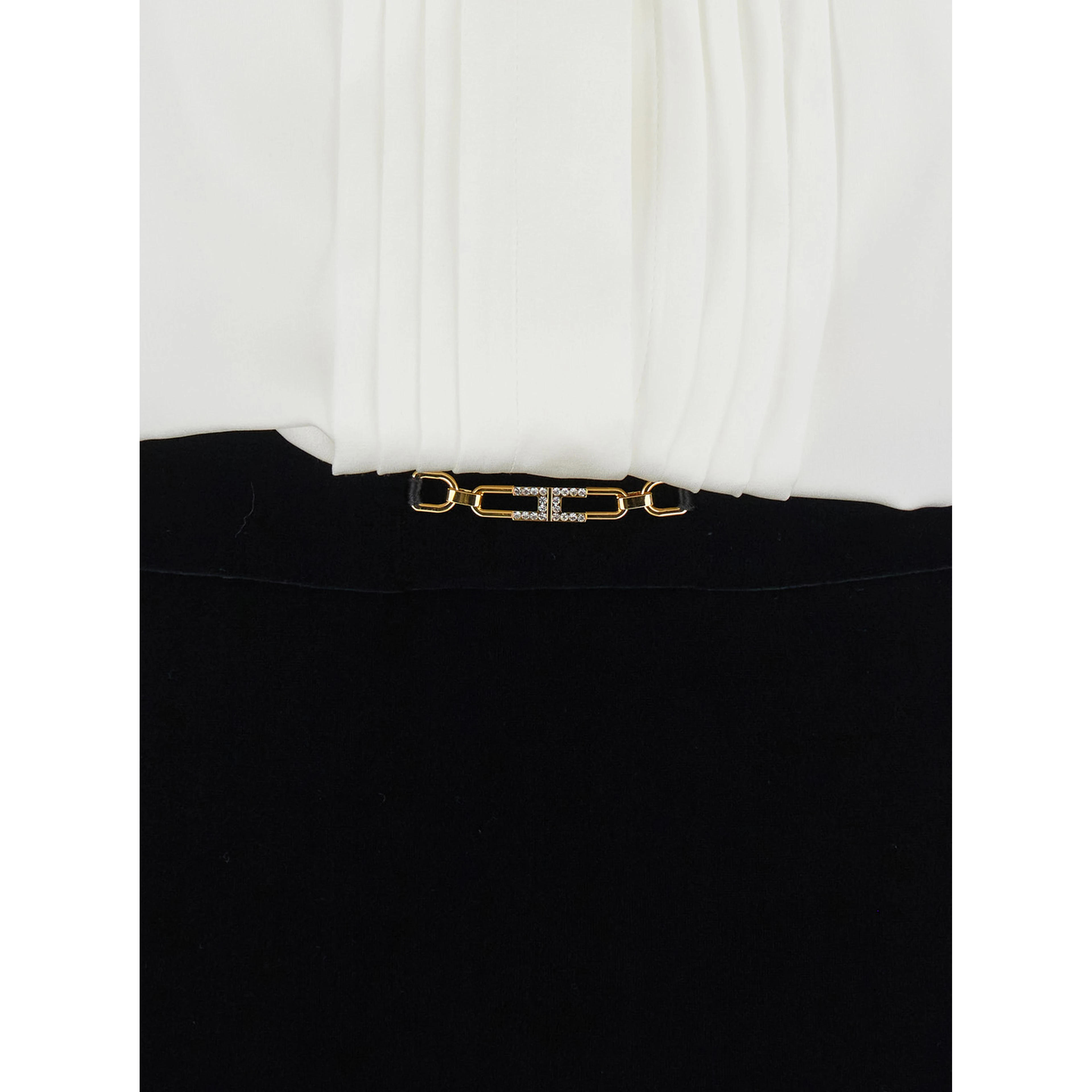 White and Black Long Dress with Metallic Detail and Skirt Design in Fabric Woman
