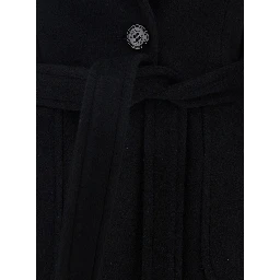 Black Double-Breasted Coat with Notched Revers and Front Belt Closure in Wool Girl