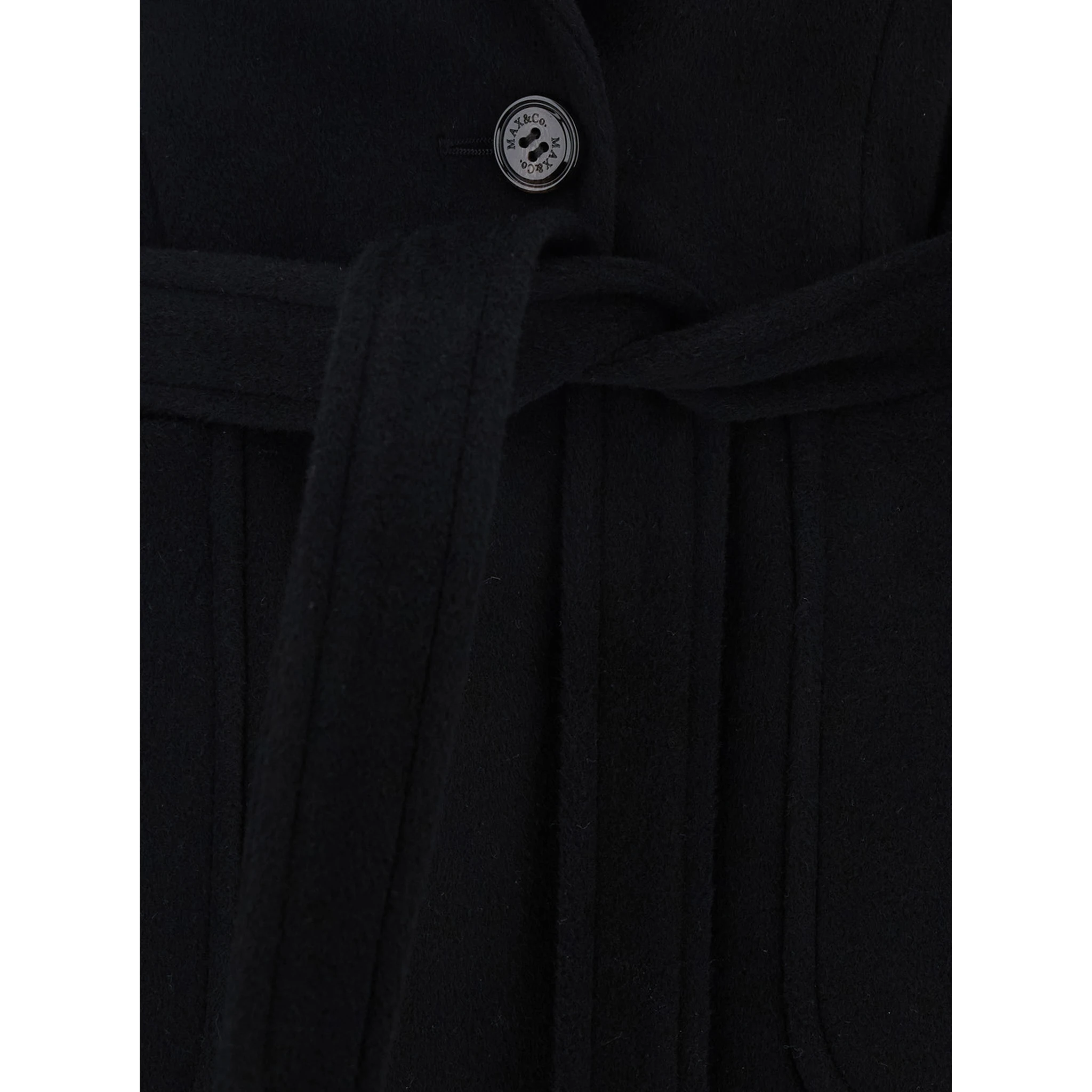 Black Double-Breasted Coat with Notched Revers and Front Belt Closure in Wool Girl