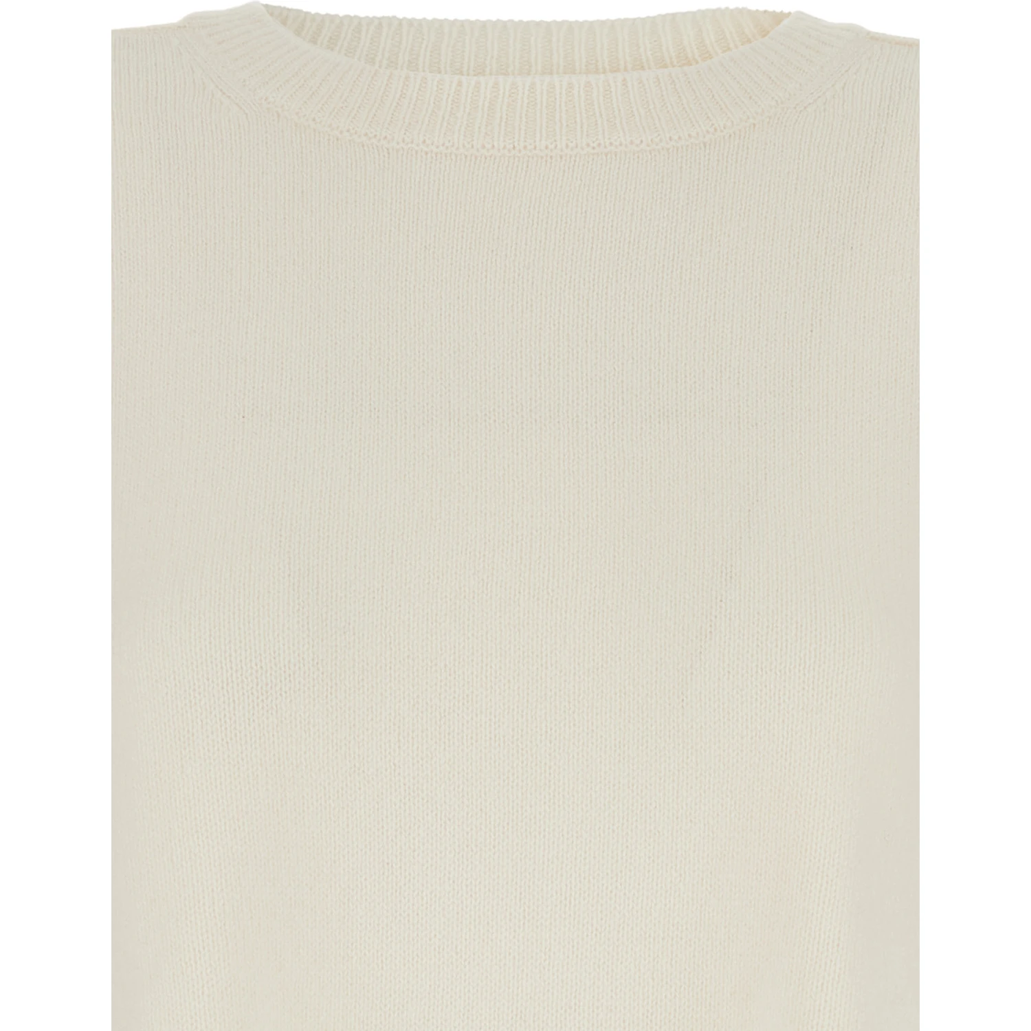 White Crewneck Sweater with Asymmetric Hem in Wool and Cashmere Woman