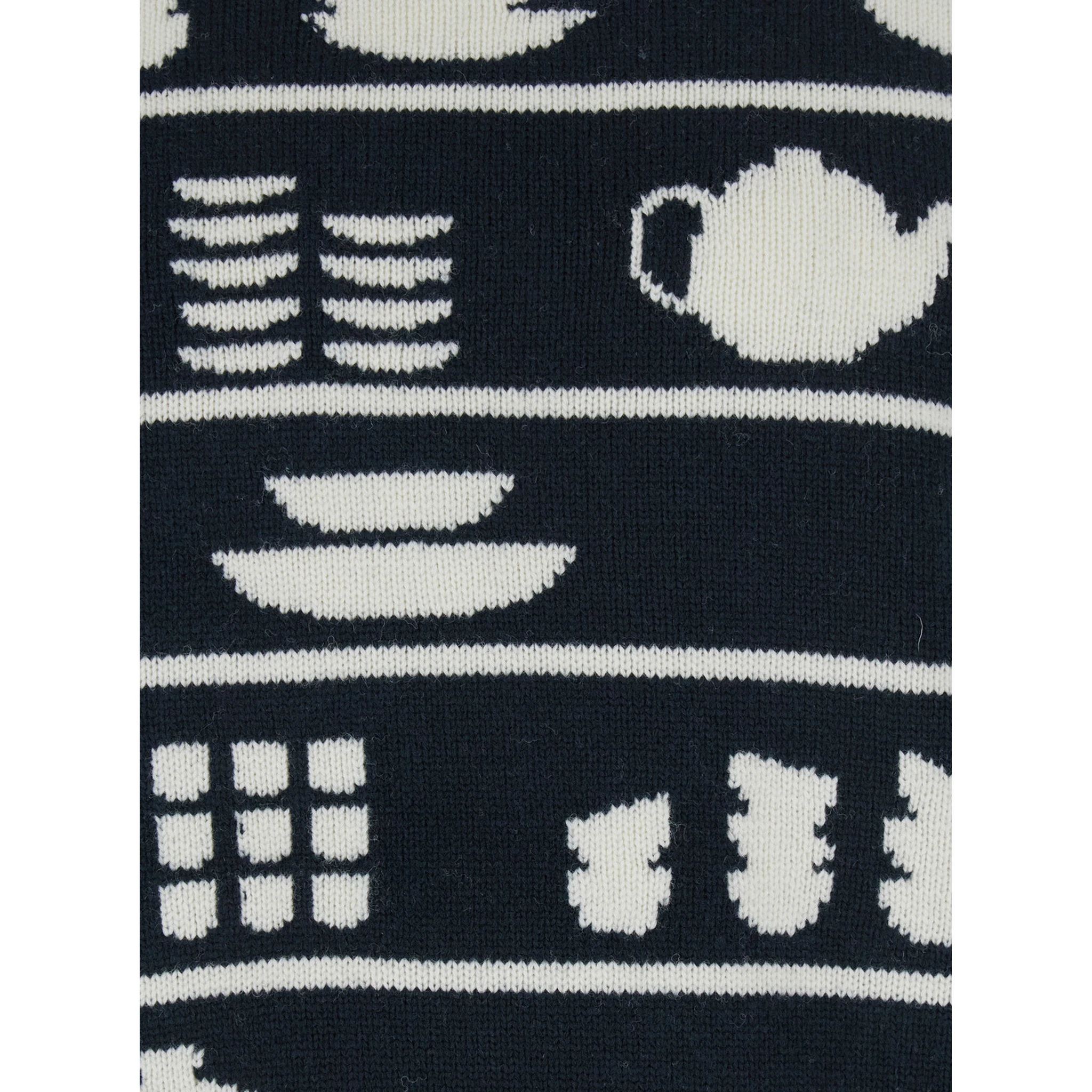 Black and White Crewneck Sweater with Tableware Motif in Wool Man