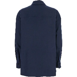 Blue Shirt with Classic Collar and Dropped Shoulders in Wool Blend Woman
