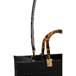Sunshine Black Handbag with Embossed Logo and Tortoiseshell Handles in Leather Woman