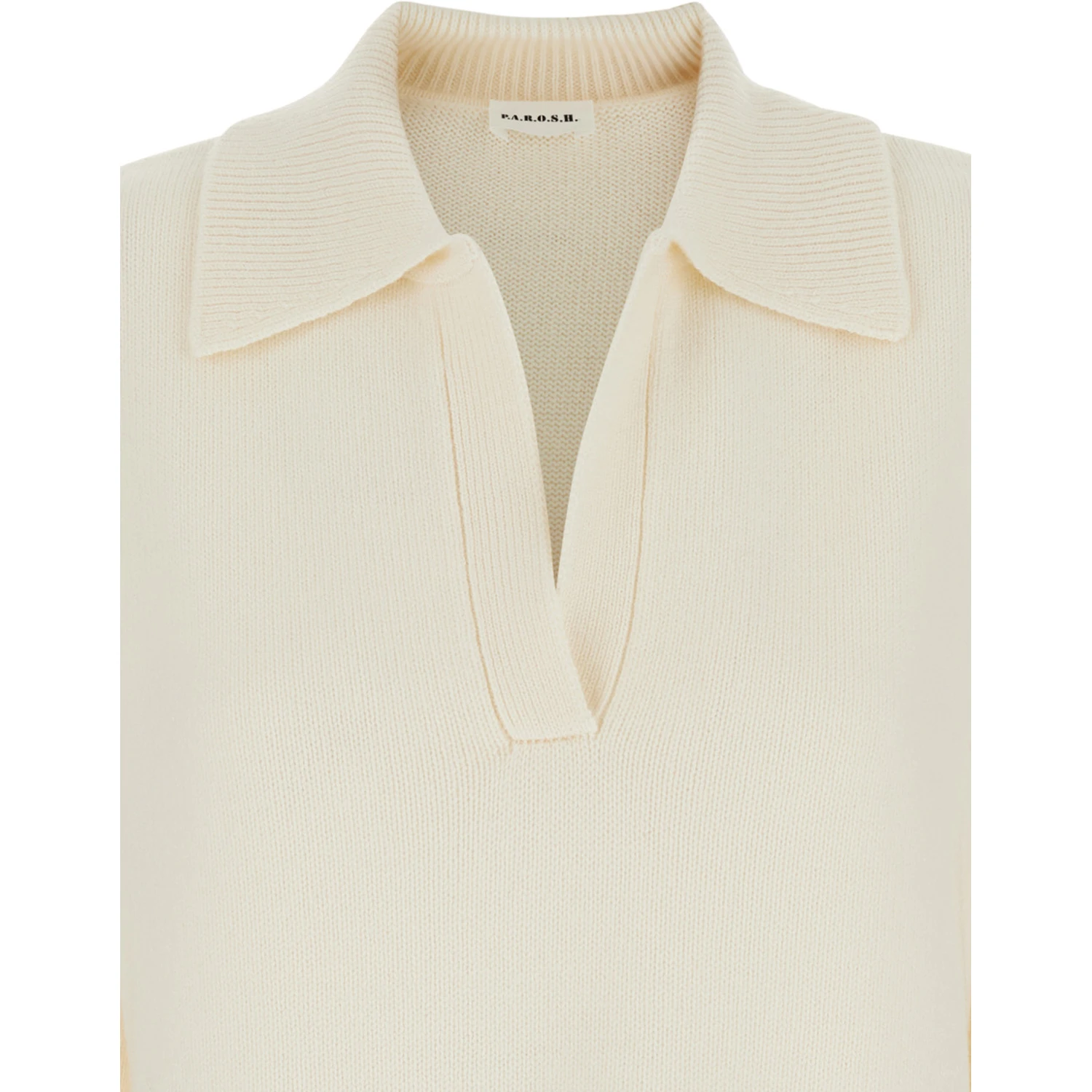 White Sweater with Polo Shirt Style Collar and Dropped Shoulder in Wool and Cashmere Woman